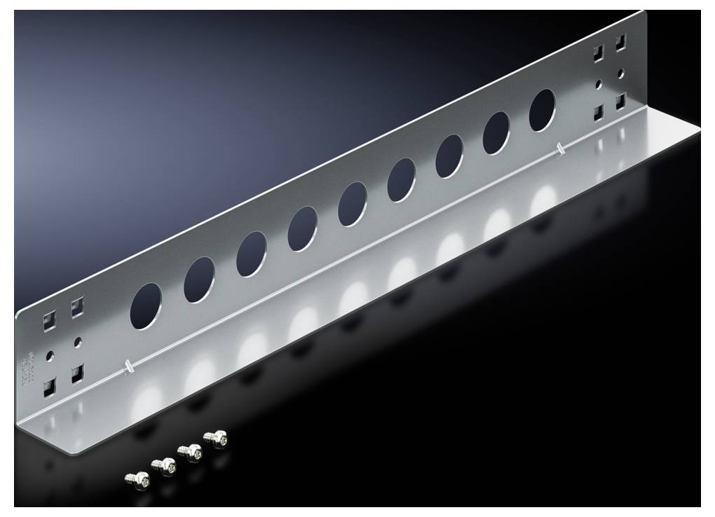 Metal angle brackets with round and square holes, with four screws lying beside them. Suitable for fastening or connecting.