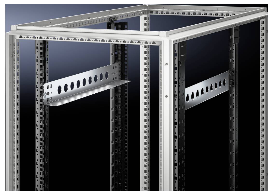 Metal frame for electronic enclosures with a rectangular base structure and multiple perforated sheets that serve for side mounting.