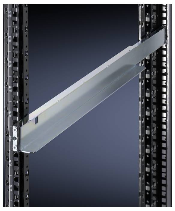 Metal rail mounted between two black frames against a dark background, demonstrating stability and structural support.