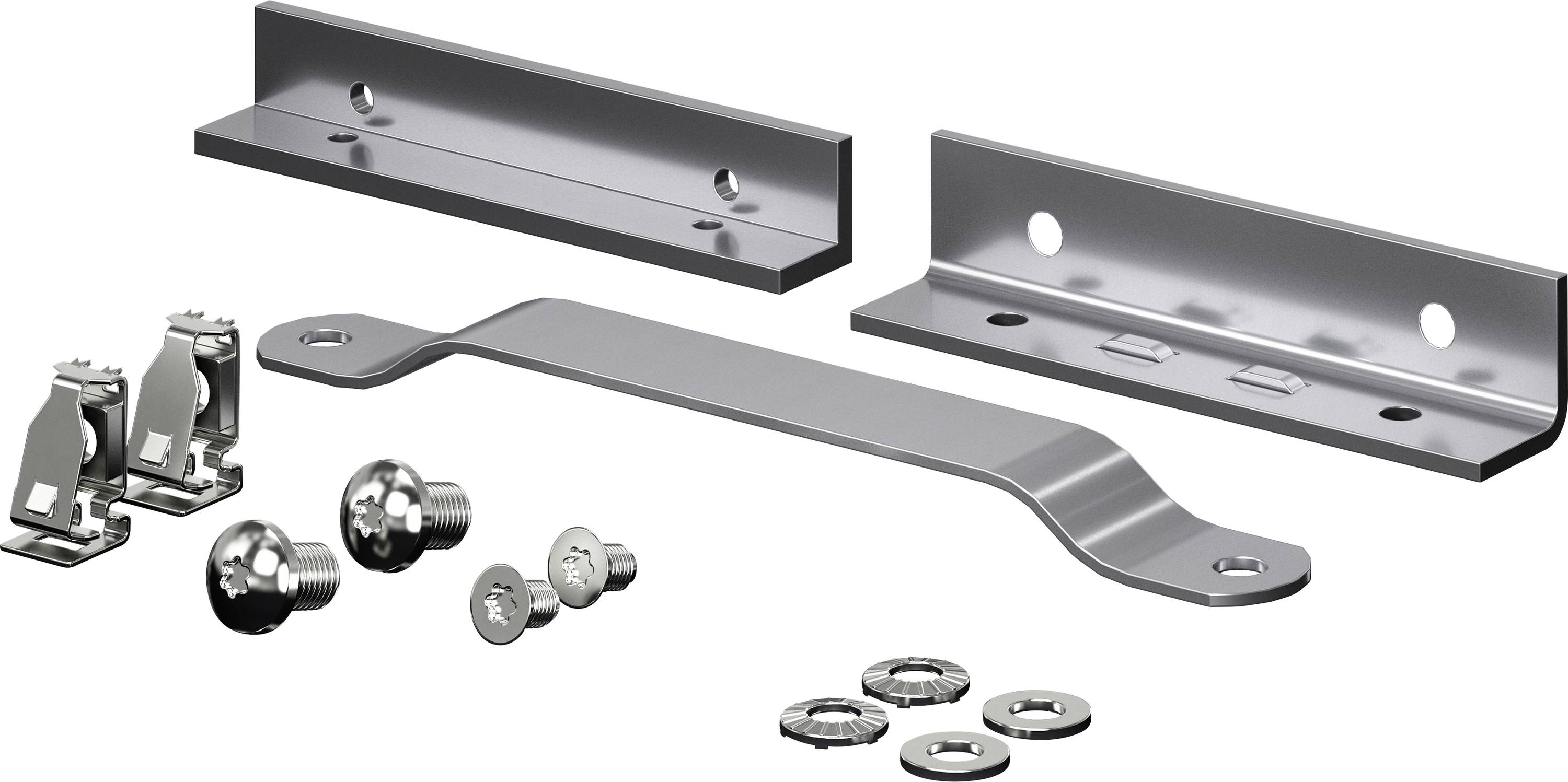 Mounting set with brackets, screws, nuts and clips for metal connections. Ideal for structural fastenings.