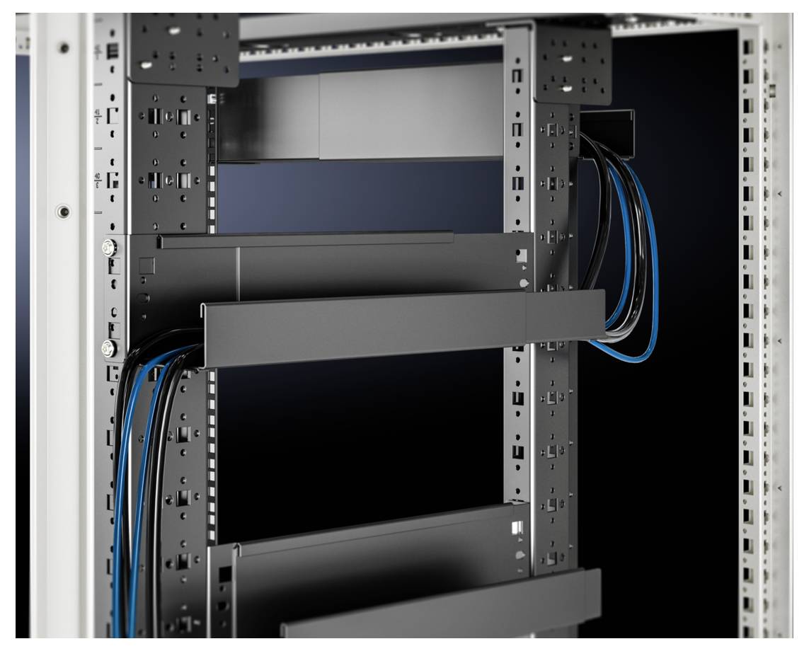 Metal cabinet with cable management system and blue cables in a server or network room.