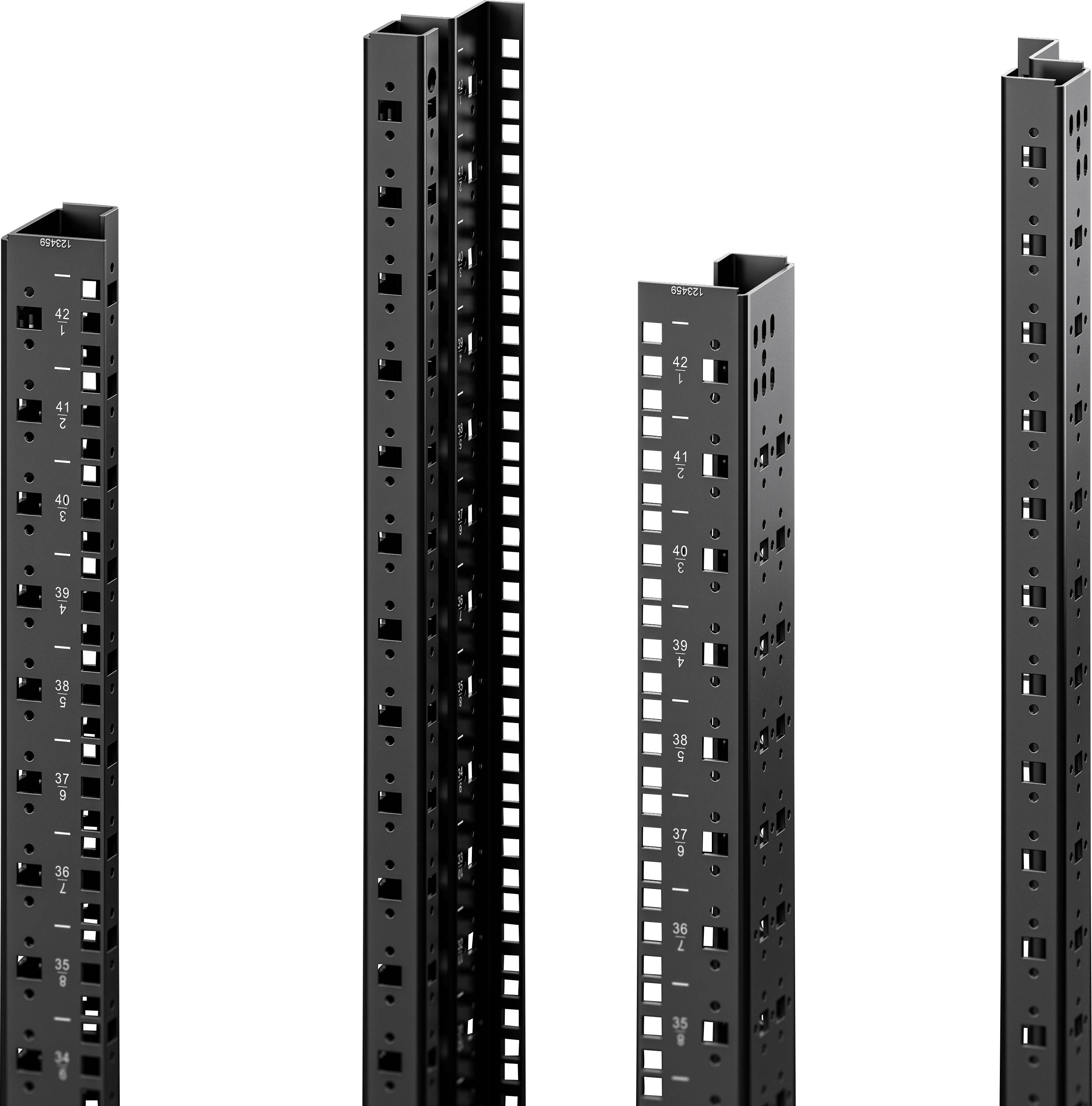 Black metal angles with holes and numbering, likely for constructing a shelving system or frame.