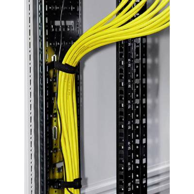 Yellow network cables are organised in a server rack and run vertically along the black structure.