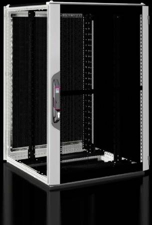 A vacant black server rack with transparent doors stands in a room. Suitable for housing IT equipment and cables.