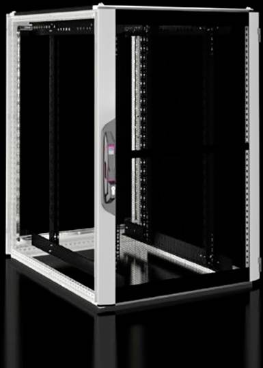 An empty, freestanding server rack with a black frame and metallic edges against a dark background.