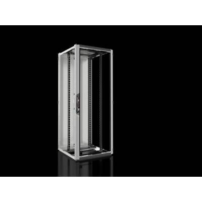 An empty, silver server rack stands on a glossy black background.