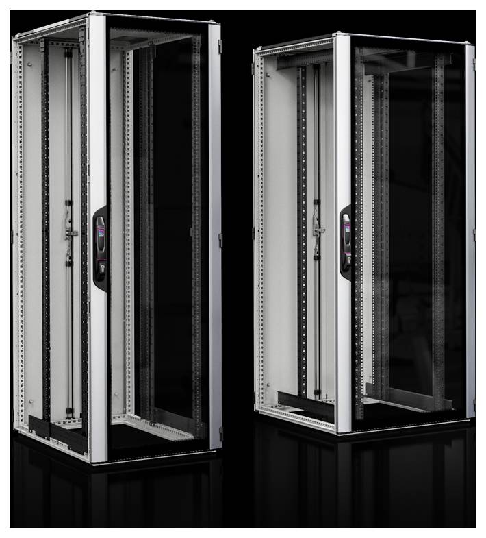 Two empty server racks with a modern design stand side by side against a black background. They are made of metal with glass doors.