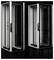 Two empty server racks with a modern design stand side by side against a black background. They are made of metal with glass doors.