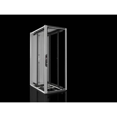 An empty server rack enclosure stands against a black background. The enclosure is made of metal with a glass door and side panels.