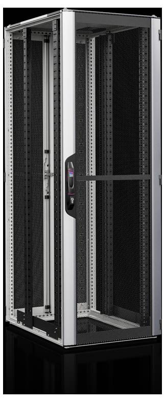 A single, tall server rack cabinet with a glass door and ventilated side panels, suitable for use in data centres.