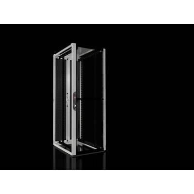 A modern, empty server cabinet on a black background, showing locks and ventilation grilles, suitable for IT infrastructure.
