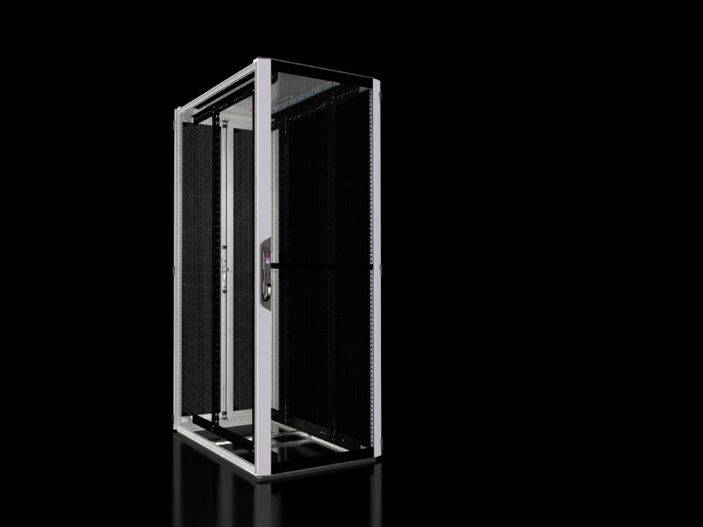 A single, illuminated server rack stands on a glossy, black background.