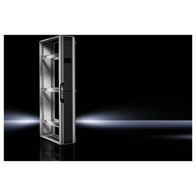 An open, empty server cabinet against a dark background. Lighting accentuates the structure and metallic sheen.