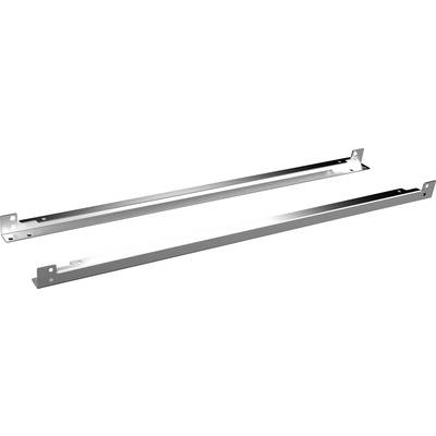 Two long, narrow metal struts with perforated holes, presumably for mounting purposes, lie parallel to each other on a white background.