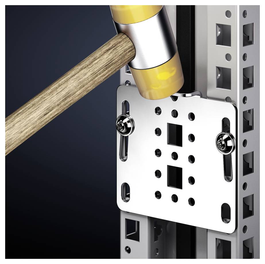 A hammer strikes a metal plate on a mounting rail. The plate has several rectangular openings.