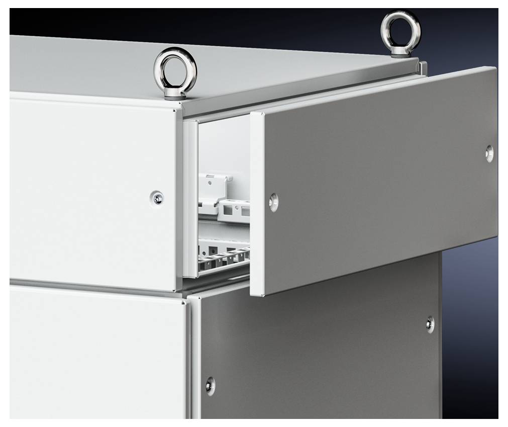 An open, grey metal cabinet with visible rails and connection points inside, set against a dark background.