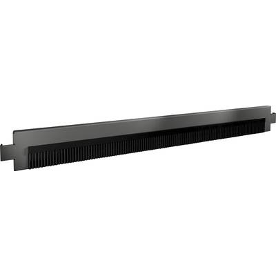 Black, elongated plastic strip with fine comb-like or bristle hairs; used for cable management in IT racks.
