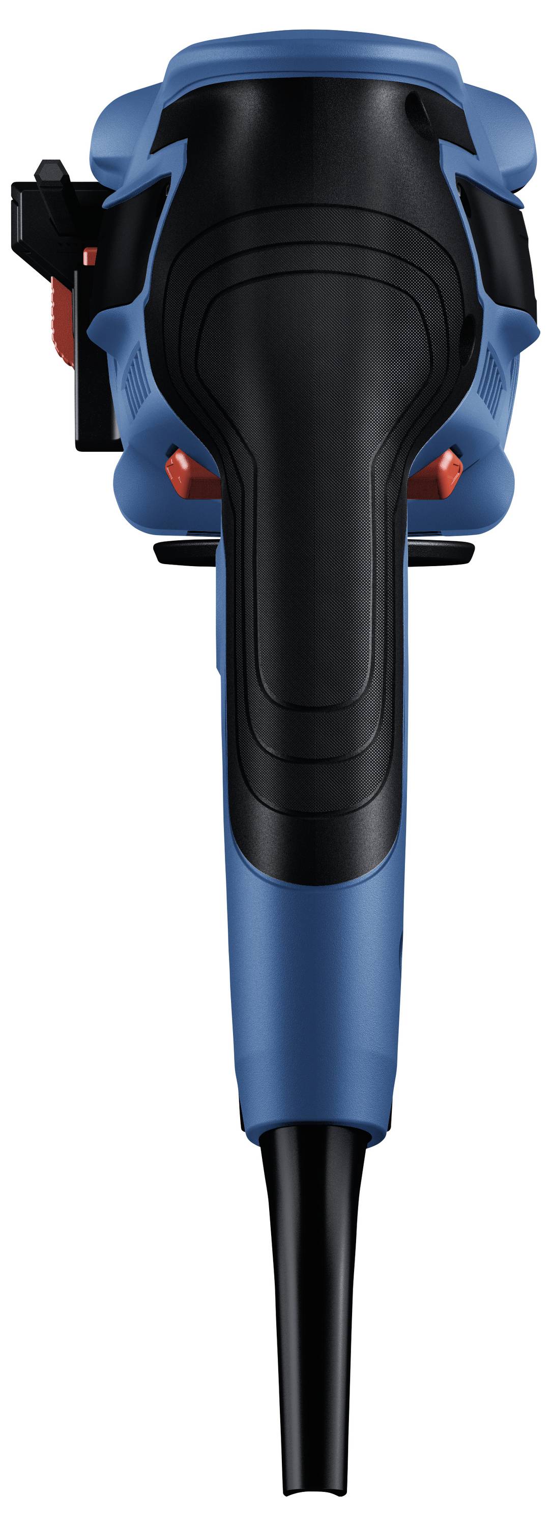 Blue and black angle grinder viewed from above, with red switch on the side.