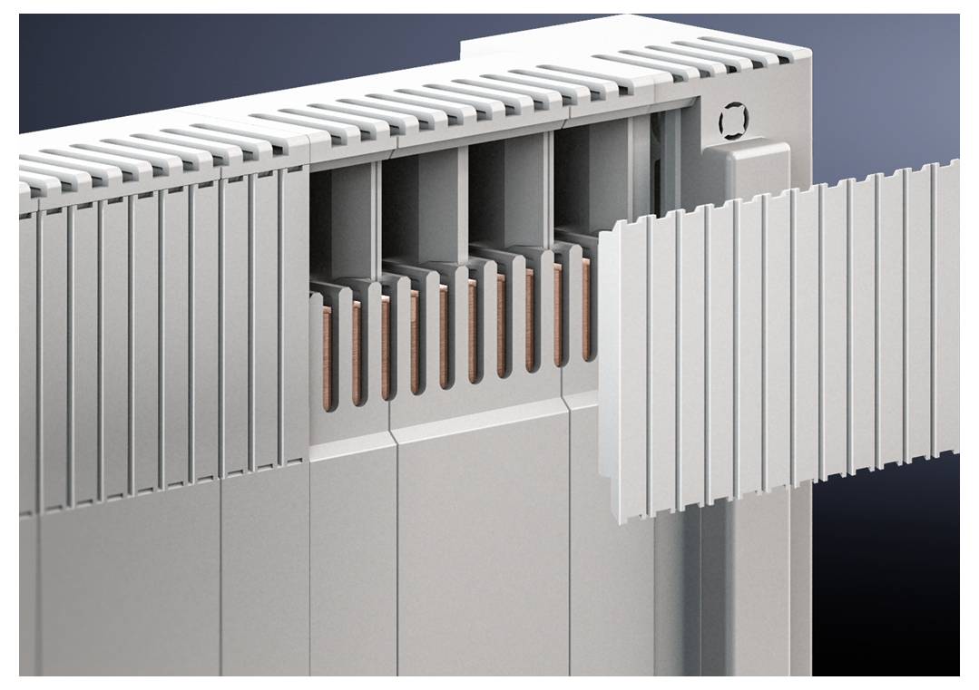 A close-up of a radiator profile with open louvres, revealing the internal structure and heat dissipation plates.