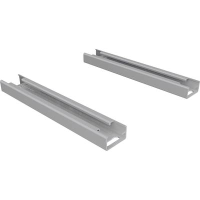 Two grey metal rails lie parallel on a white background. They are elongated, rectangular construction elements.