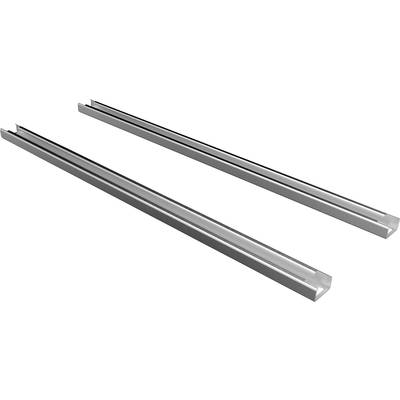 Two parallel metallic rails with a V-shaped groove, potentially guide rails for mechanical or industrial applications.
