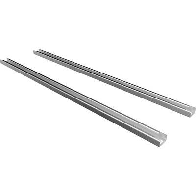 Two long, parallel metal bars with a U-shaped cross-section are positioned alongside each other. They appear suitable for structural applications.
