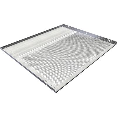 Rectangular metal sieve with fine mesh, surrounded by a robust frame.