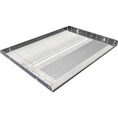 A rectangular metal grid tray with a perforated surface on the right and a solid surface on the left.