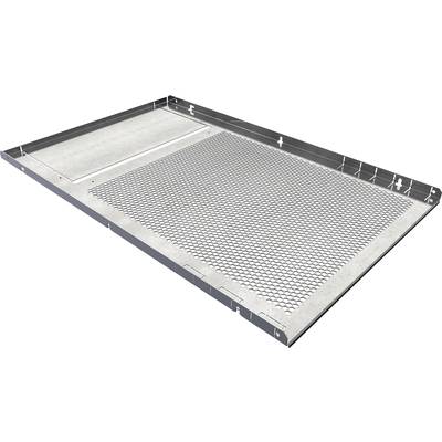 Metal grid plate with a rectangular frame, including an integrated rectangular section, primarily used in ventilation or construction industries.