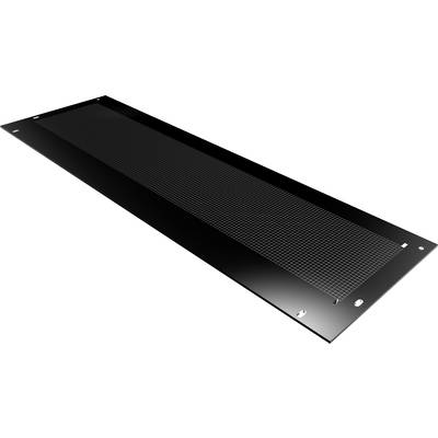 Black, rectangular ventilation grille with fine mesh fabric, surrounded by a smooth, glossy frame, in a diagonal view.