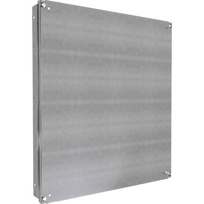 A rectangular, silver metal enclosure with screws at the corners and a small socket in the bottom right corner.