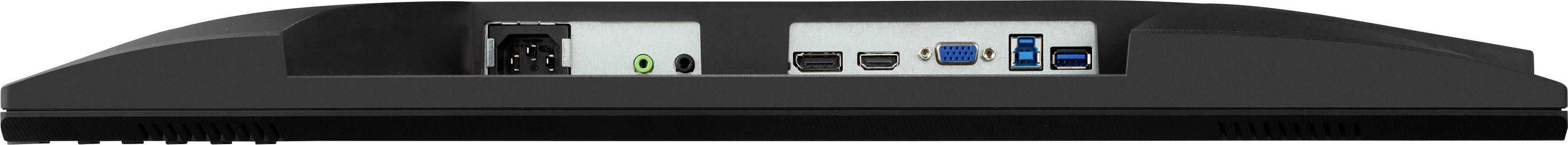 Rear view of a computer monitor with multiple ports: power, green audio input, HDMI, DisplayPort, and USB.