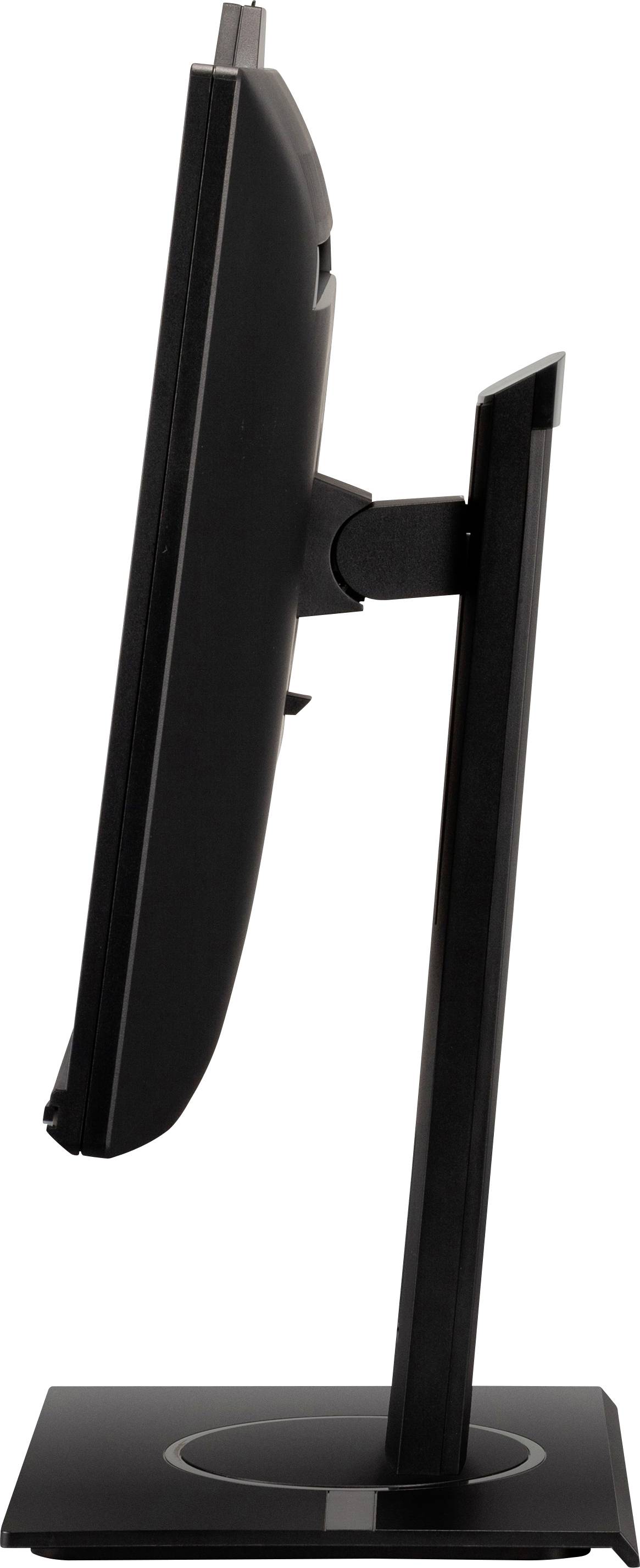 A black computer monitor, viewed from the side, displays the slim frame and sleek profile of the screen on a stand.