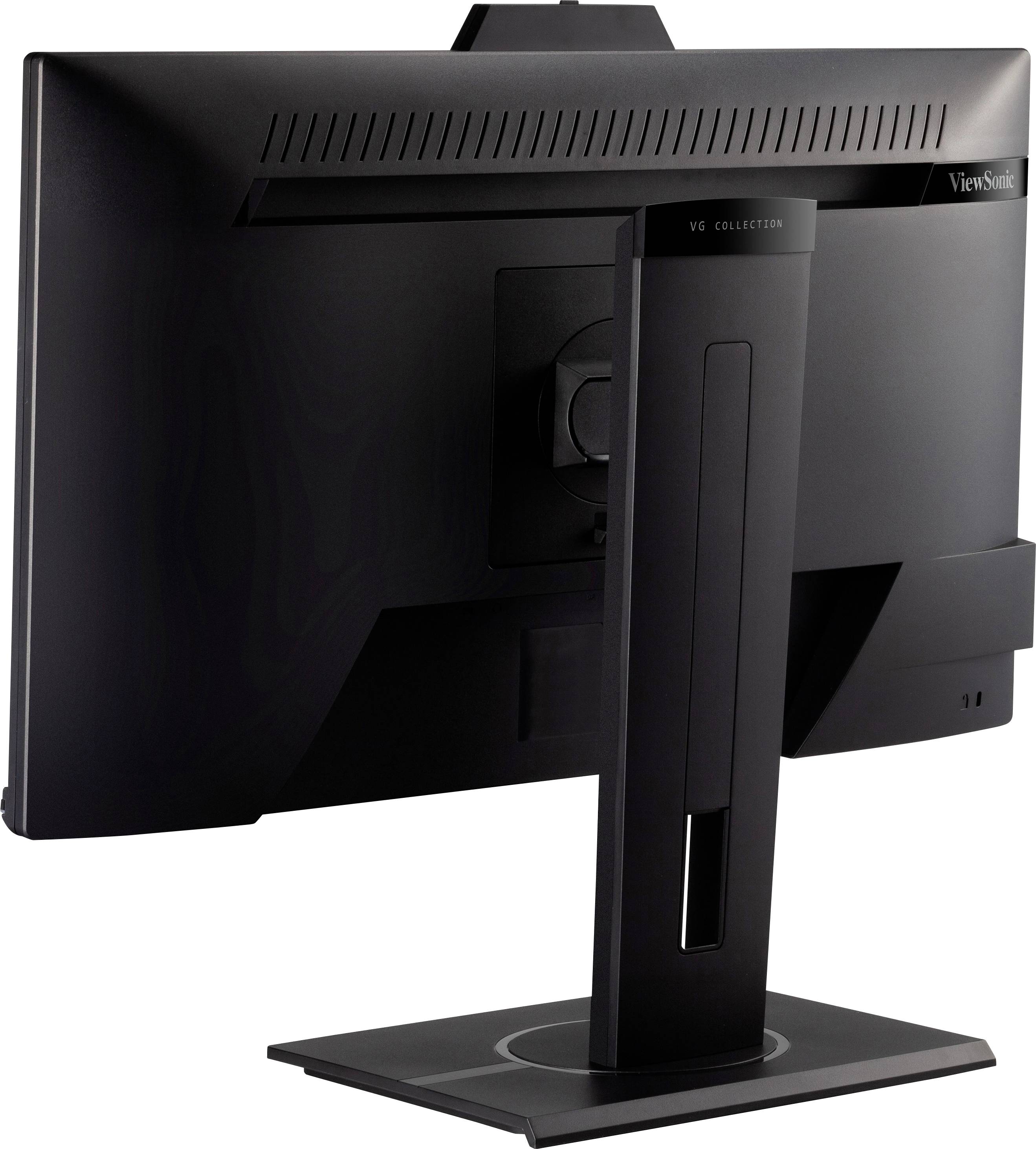 A black computer monitor from behind, mounted on a stand, with a modern, minimalist design.