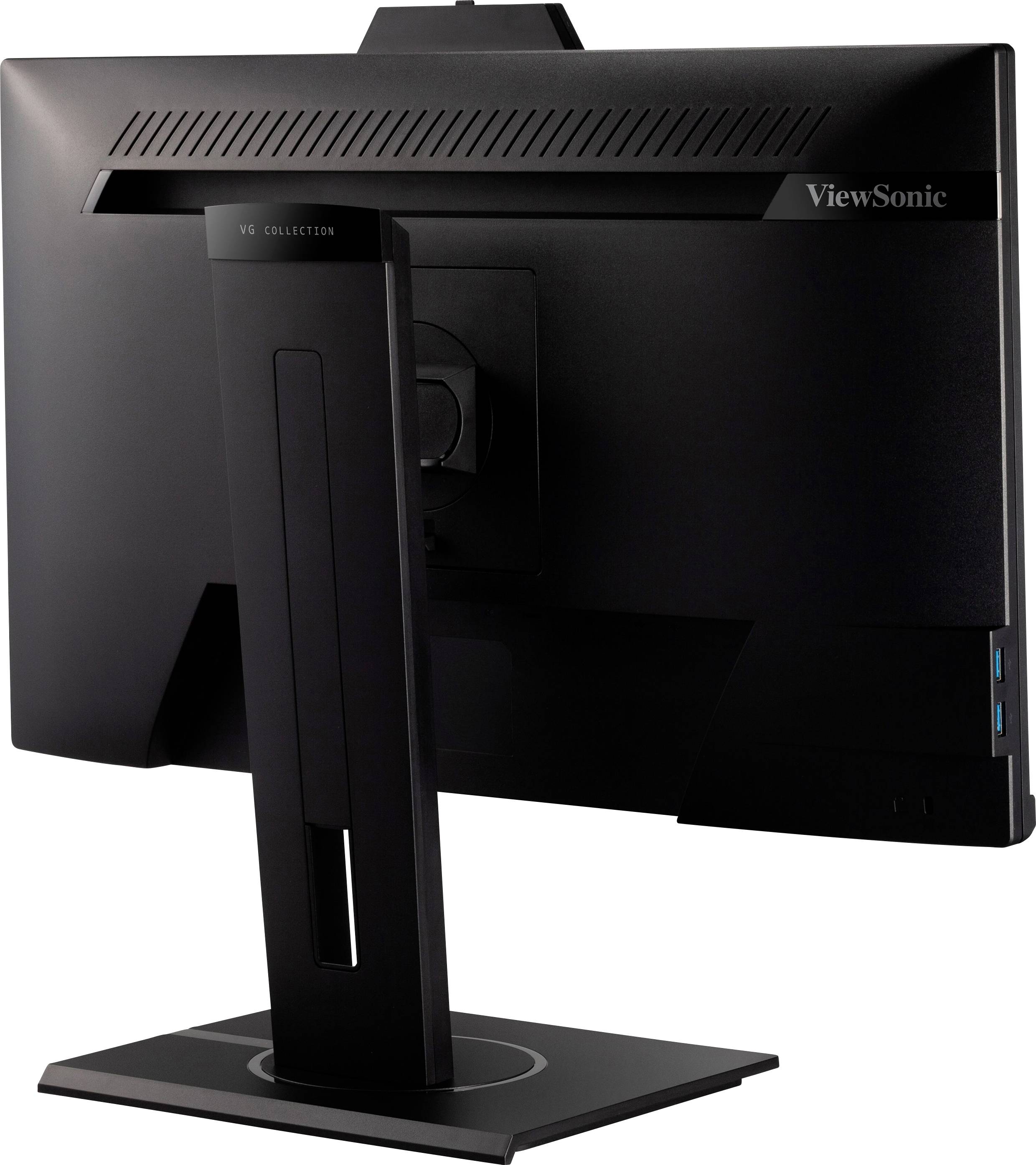 Back of a black computer monitor with an adjustable stand and the brand name 'ViewSonic' in the top right corner.