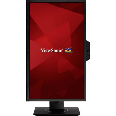 A red-tinted ViewSonic computer monitor in a vertical orientation displays the company logo and colourful bird graphics centrally.