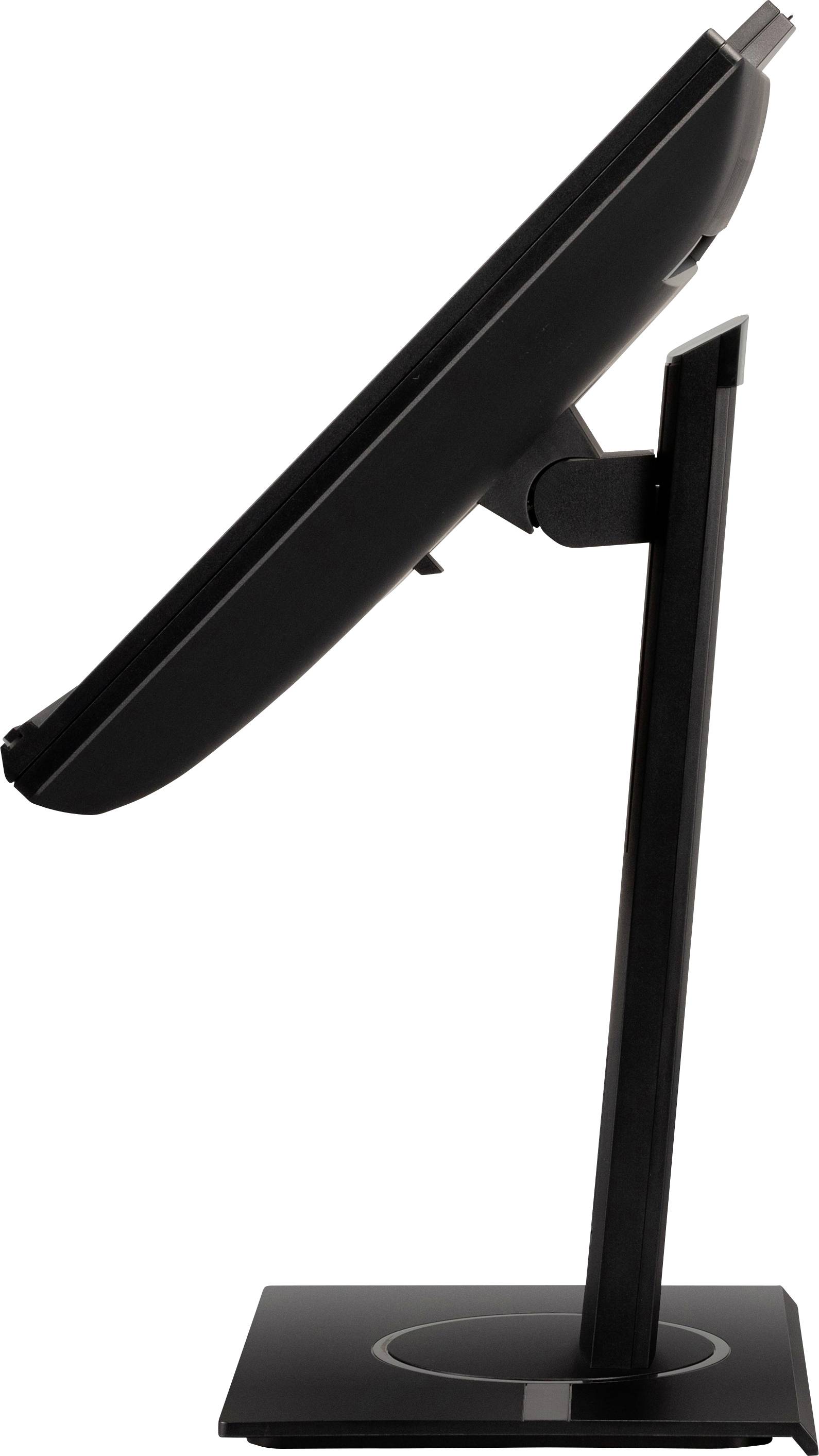 A black computer monitor in profile. It stands on a rectangular base and appears sleek and modern.