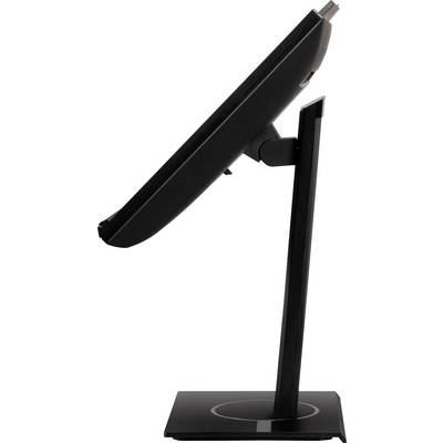 A black computer monitor in profile. It stands on a rectangular base and appears sleek and modern.