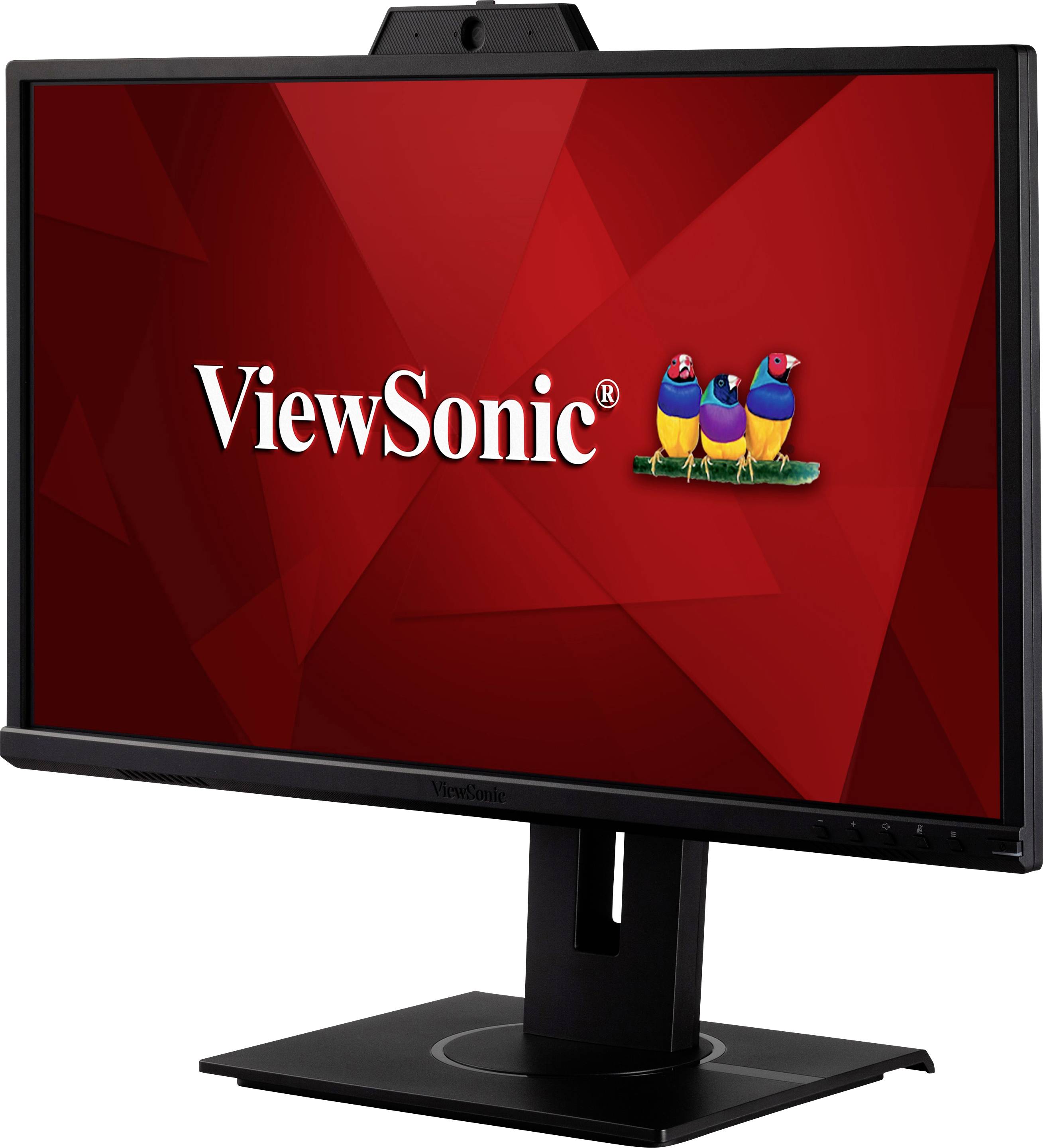 A black ViewSonic monitor displays a red screen with the ViewSonic logo and three colourful birds.