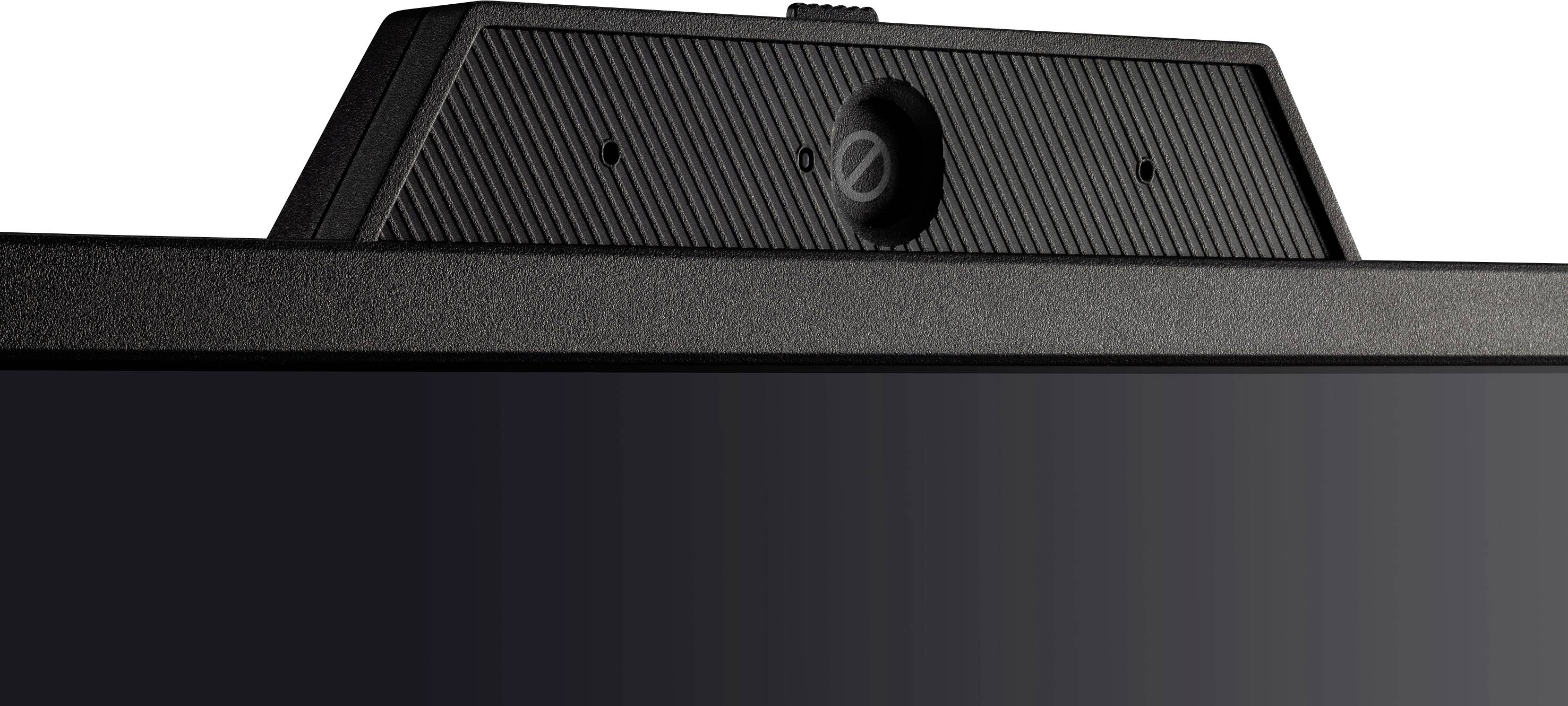 Webcam with integrated privacy cover on the top edge of a monitor.