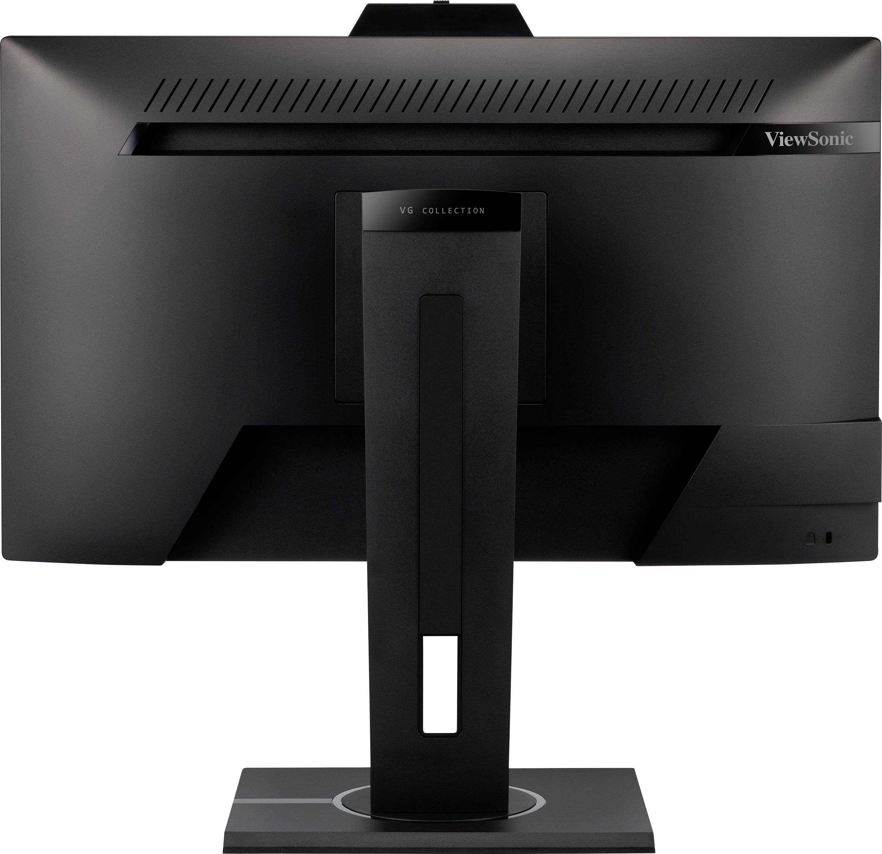A black computer monitor shown from behind, mounted on a stand, with the 'ViewSonic' logo in the top right corner.