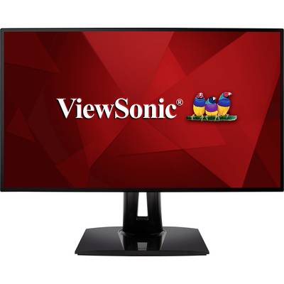 A computer monitor displays the 'ViewSonic' logo on a red geometric background. Three colourful birds are depicted on the right.