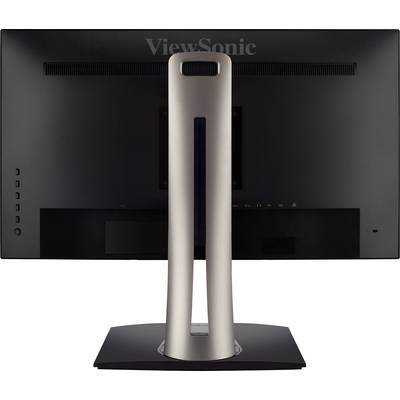 A computer monitor from the back, with a sturdy, silver stand. The brand is visible on the upper rear side.