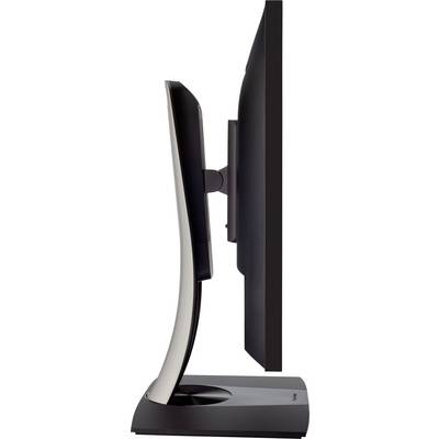 A slim computer monitor shown in profile. The screen is black with a curved stand that has a slender shape.