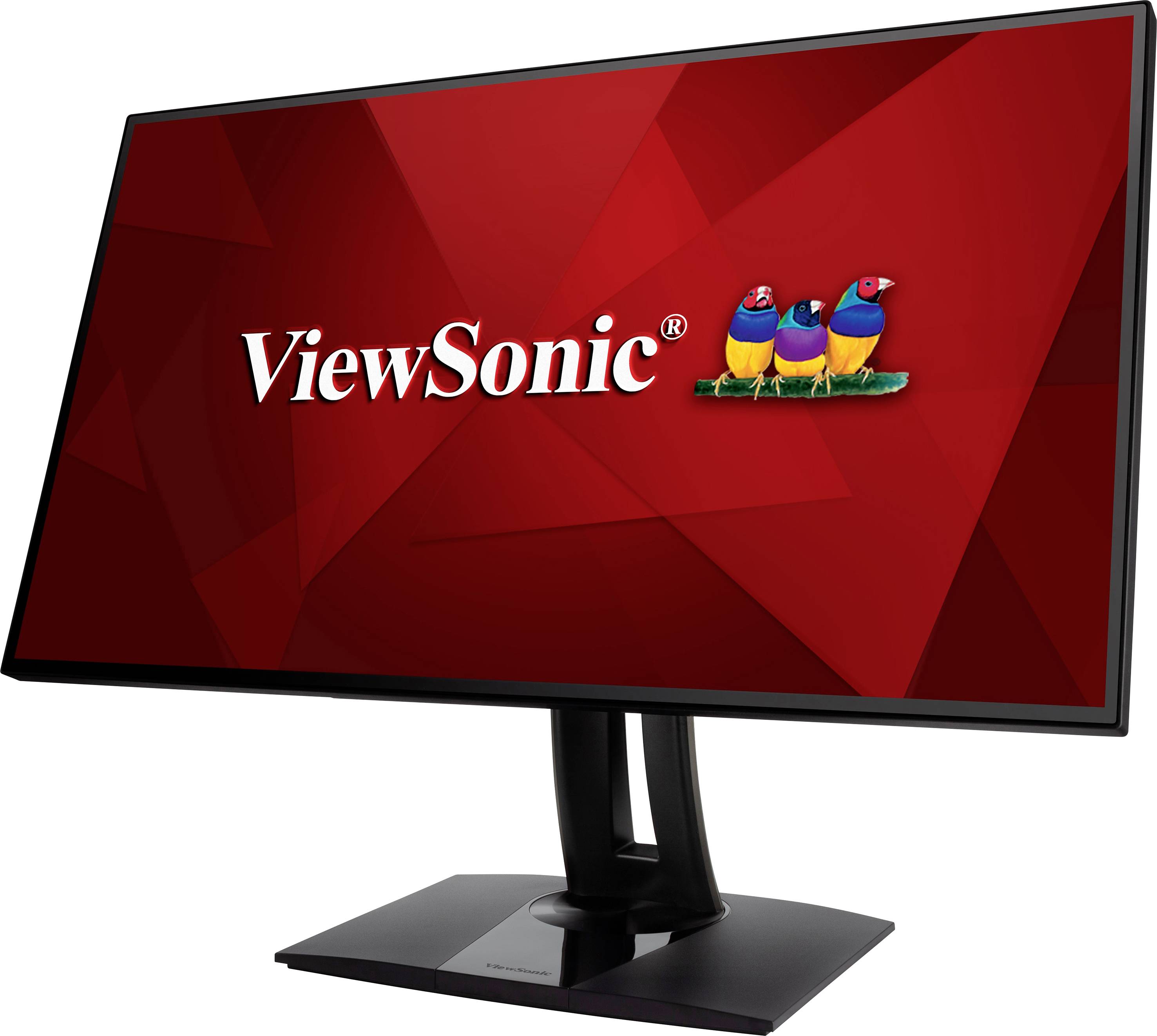 A black computer monitor displays the red 'ViewSonic' logo with three colourful birds on the screen.