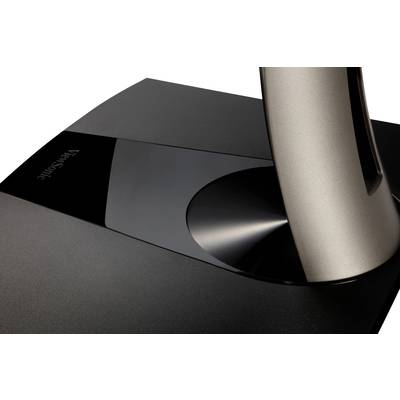 Close-up of a monitor stand with an elegant, brushed metal surface.