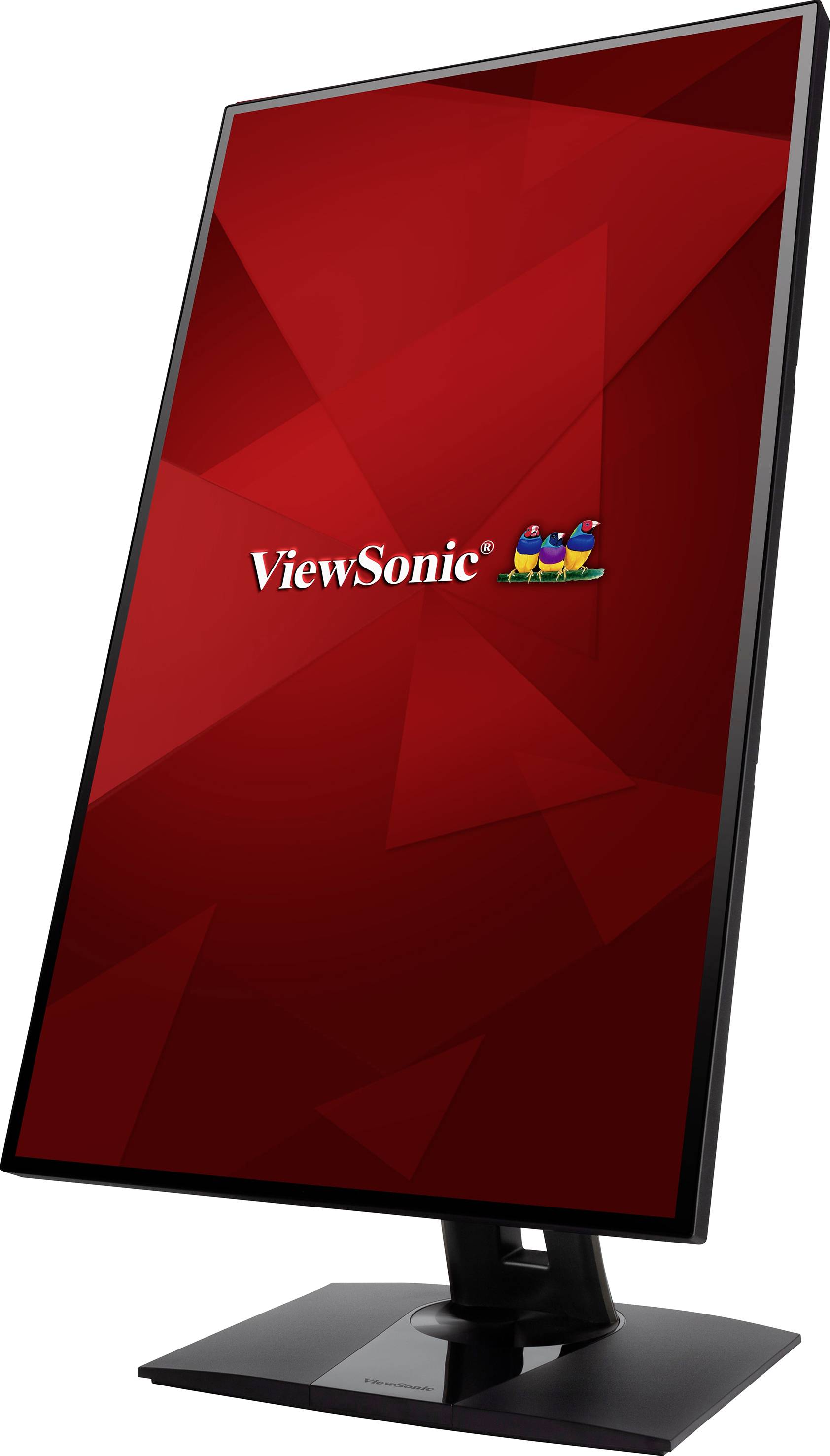 Black ViewSonic monitor in vertical orientation with a red screen background and a mirrored coloured logo in the centre.