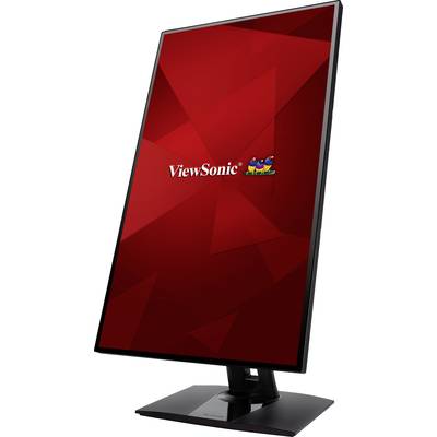 Black ViewSonic monitor in vertical orientation with a red screen background and a mirrored coloured logo in the centre.