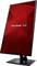 Black ViewSonic monitor in vertical orientation with a red screen background and a mirrored coloured logo in the centre.