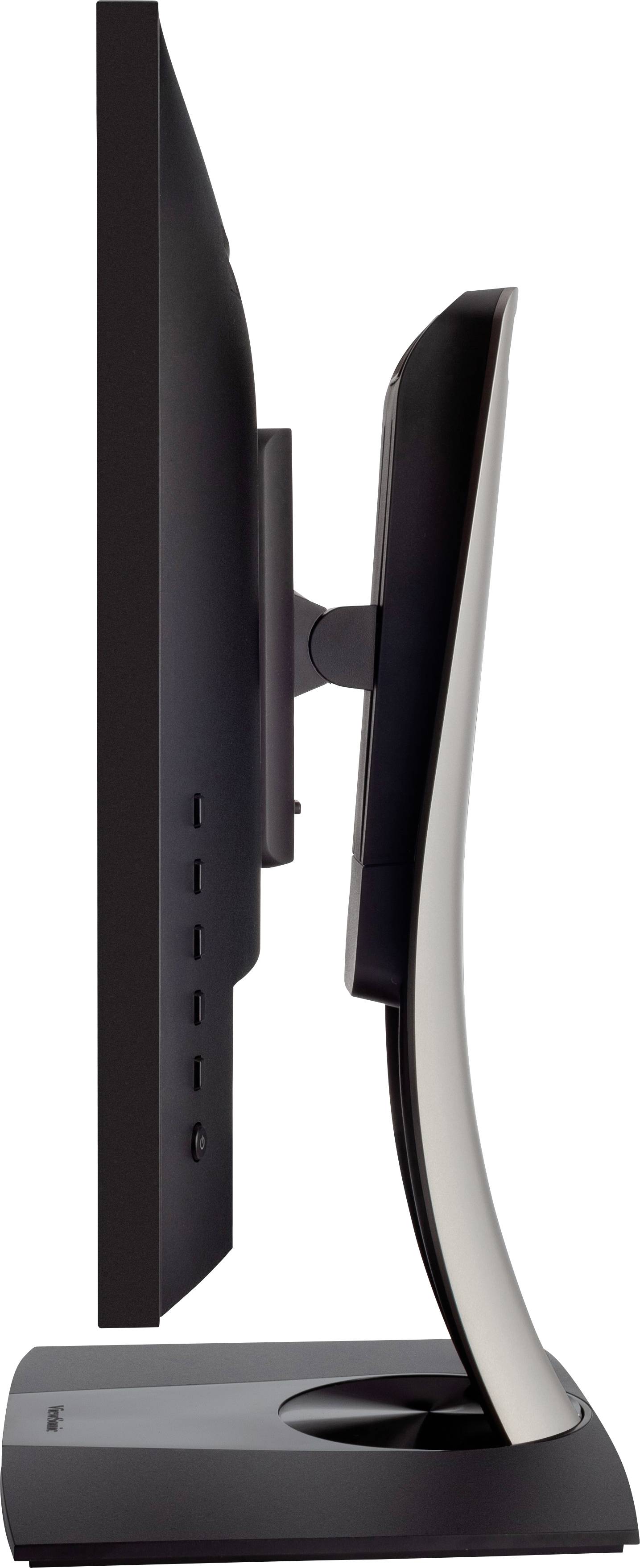 A slim monitor from the side, showcasing its slender design and stand. Ideal for space-saving work environments.
